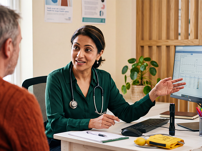 Image of a female doctor talking to a patient whilst their chart is on her computer screen. She is wearing a green shirt with a stethoscope around her neck and smiling.